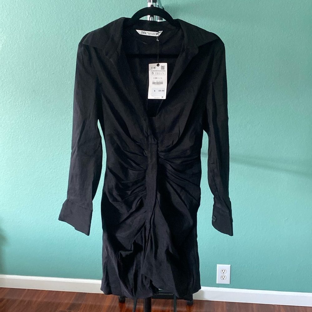ZARA Womens Sz-S Black Ruched Drape Linen Blend Long Sleeve Collared Dress(C-24) - Picture 3 of 8
